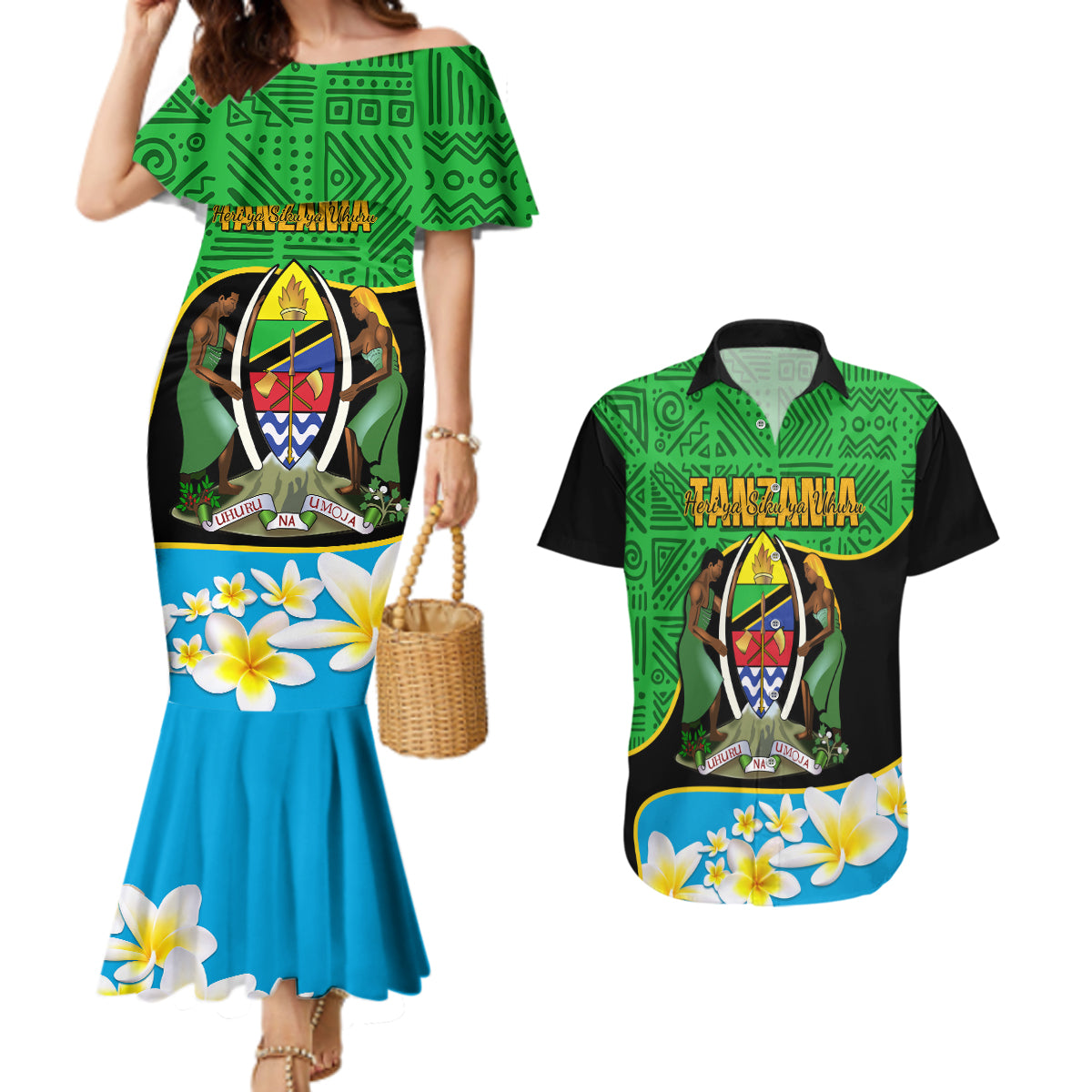 Personalised Tanzania Independence Day Couples Matching Mermaid Dress and Hawaiian Shirt Heri ya Siku ya Uhuru African Pattern - Wonder Print Shop