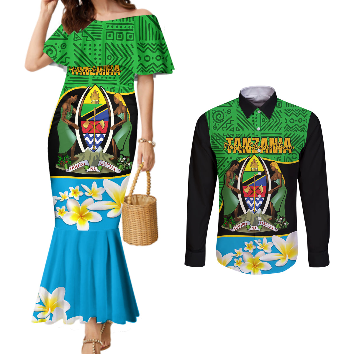 personalised-tanzania-independence-day-couples-matching-mermaid-dress-and-long-sleeve-button-shirt-heri-ya-siku-ya-uhuru-african-pattern