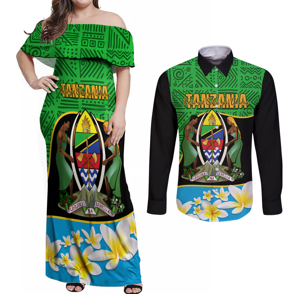 Personalised Tanzania Independence Day Couples Matching Off Shoulder Maxi Dress and Long Sleeve Button Shirt Heri ya Siku ya Uhuru African Pattern - Wonder Print Shop