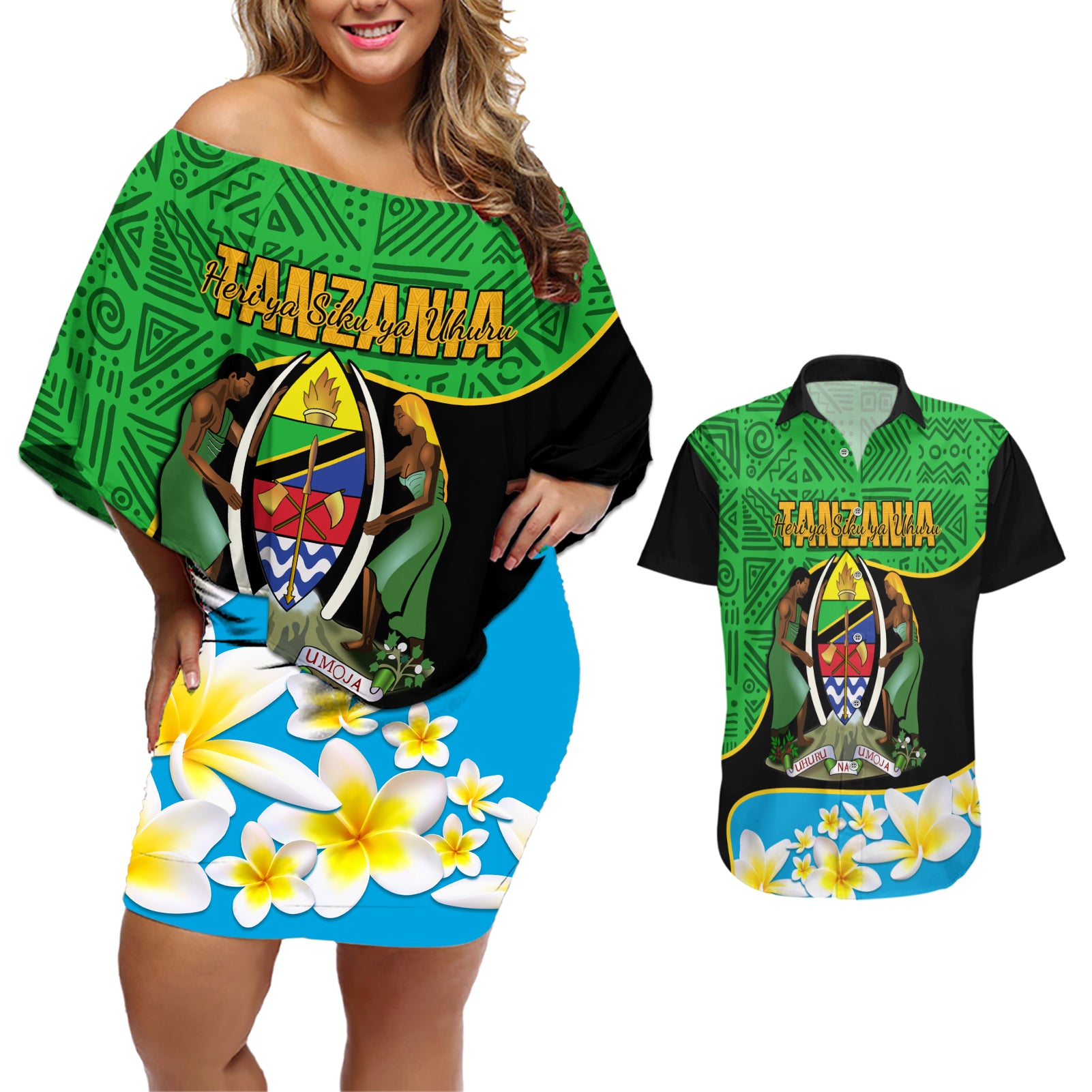 Personalised Tanzania Independence Day Couples Matching Off Shoulder Short Dress and Hawaiian Shirt Heri ya Siku ya Uhuru African Pattern - Wonder Print Shop