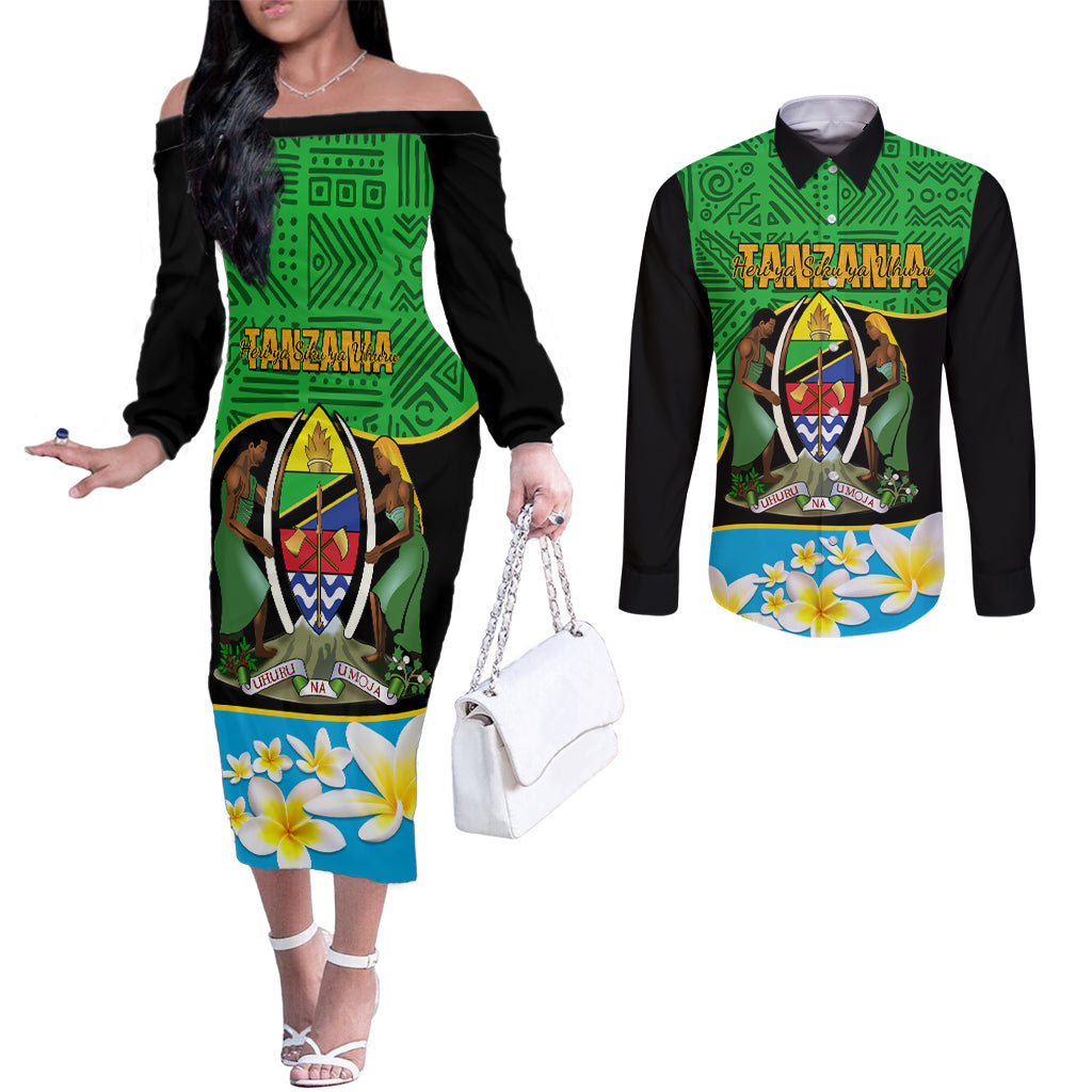 personalised-tanzania-independence-day-couples-matching-off-the-shoulder-long-sleeve-dress-and-long-sleeve-button-shirt-heri-ya-siku-ya-uhuru-african-pattern