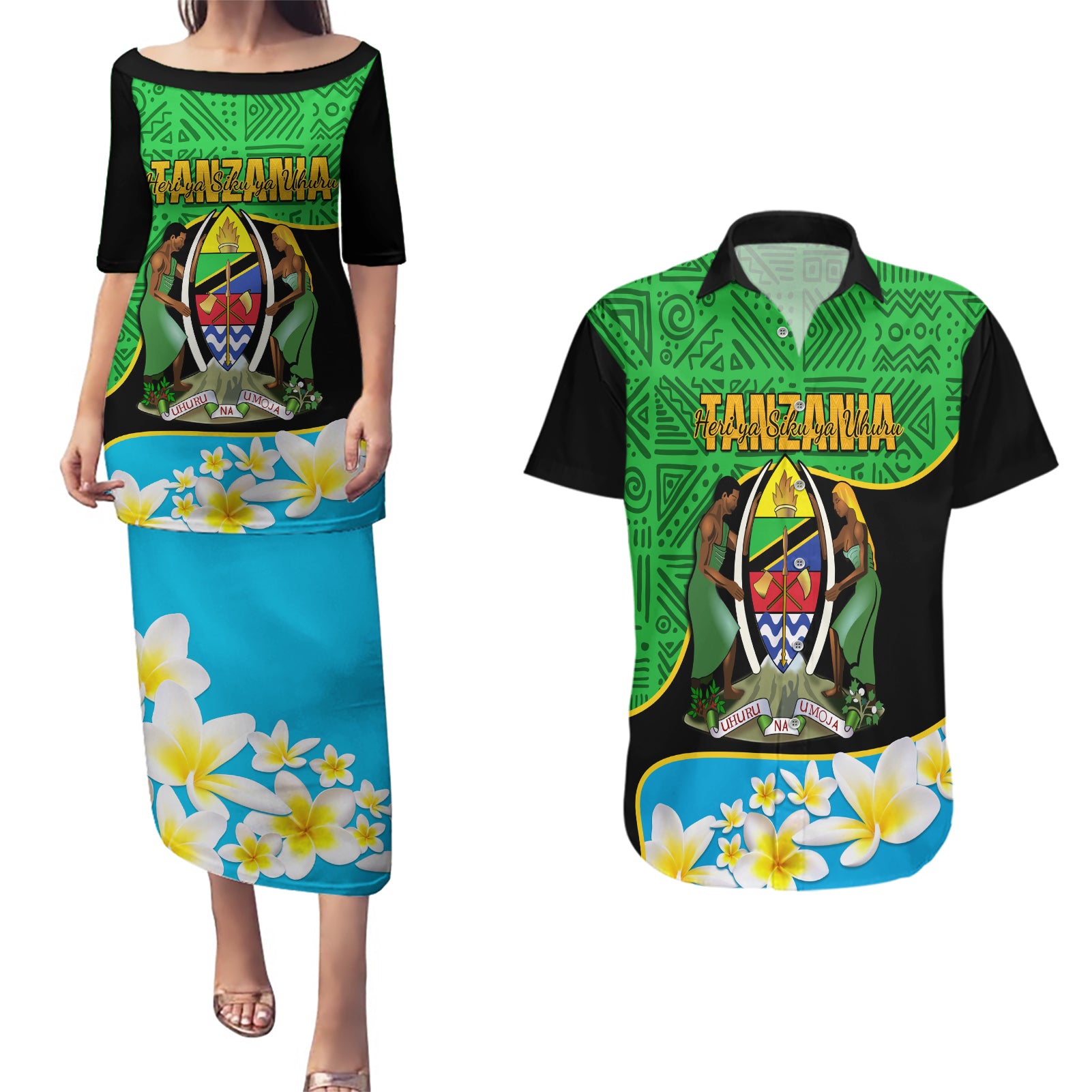 Personalised Tanzania Independence Day Couples Matching Puletasi Dress and Hawaiian Shirt Heri ya Siku ya Uhuru African Pattern - Wonder Print Shop