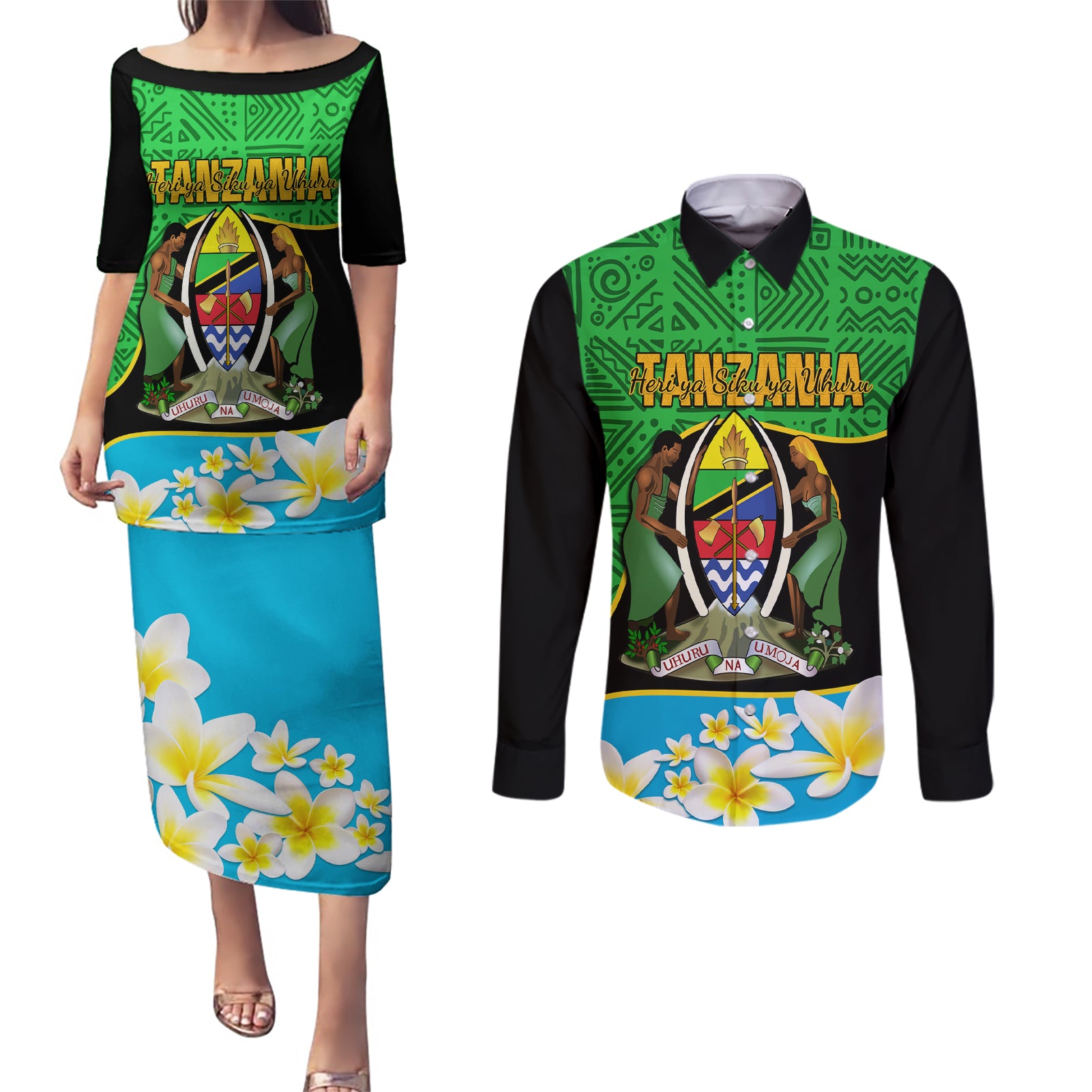 Personalised Tanzania Independence Day Couples Matching Puletasi Dress and Long Sleeve Button Shirt Heri ya Siku ya Uhuru African Pattern - Wonder Print Shop