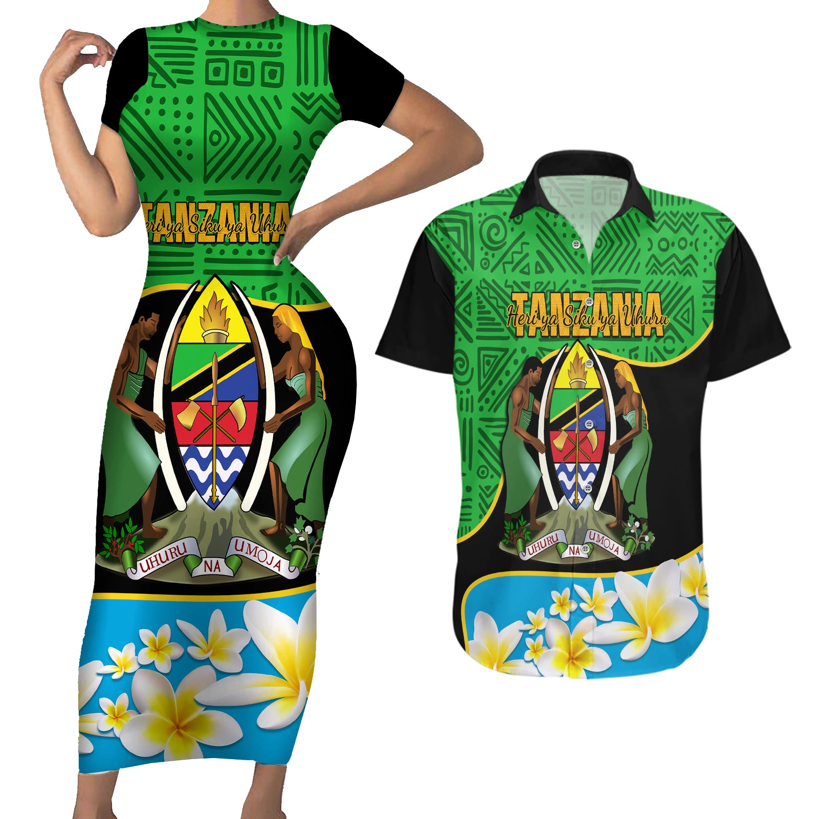 Personalised Tanzania Independence Day Couples Matching Short Sleeve Bodycon Dress and Hawaiian Shirt Heri ya Siku ya Uhuru African Pattern - Wonder Print Shop