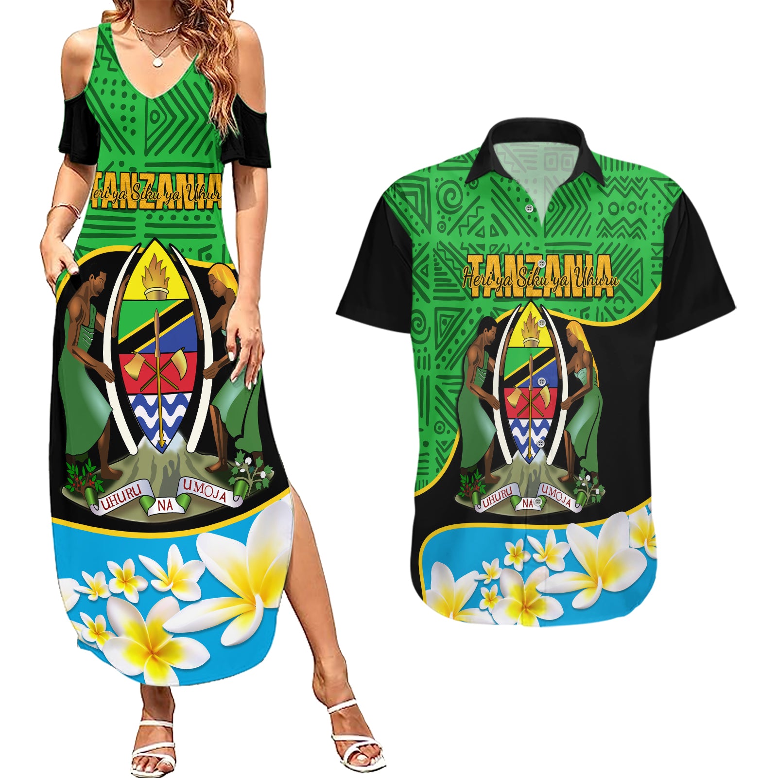 Personalised Tanzania Independence Day Couples Matching Summer Maxi Dress and Hawaiian Shirt Heri ya Siku ya Uhuru African Pattern - Wonder Print Shop