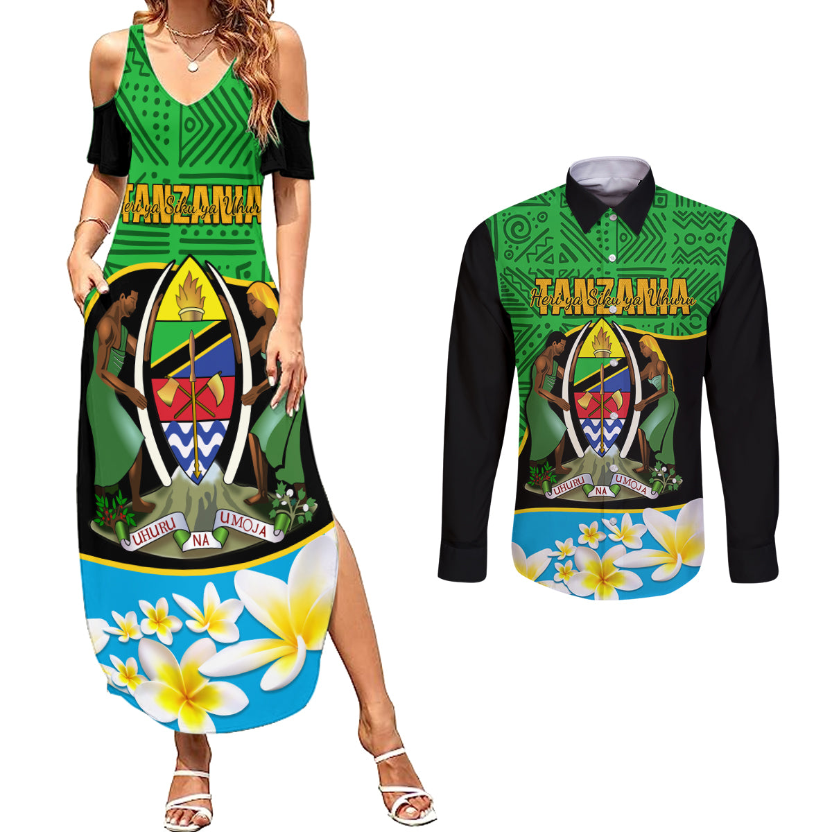 Personalised Tanzania Independence Day Couples Matching Summer Maxi Dress and Long Sleeve Button Shirt Heri ya Siku ya Uhuru African Pattern - Wonder Print Shop