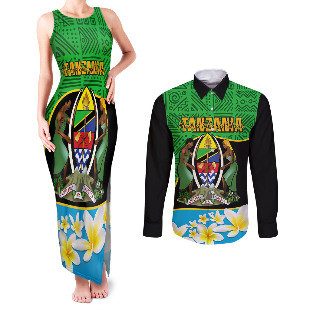 Personalised Tanzania Independence Day Couples Matching Tank Maxi Dress and Long Sleeve Button Shirt Heri ya Siku ya Uhuru African Pattern - Wonder Print Shop