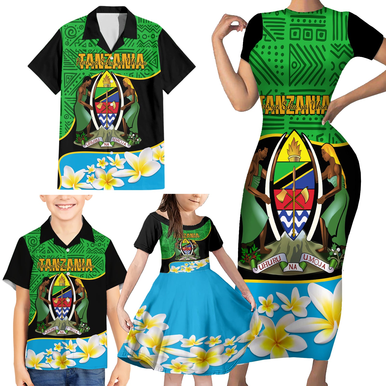 Personalised Tanzania Independence Day Family Matching Short Sleeve Bodycon Dress and Hawaiian Shirt Heri ya Siku ya Uhuru African Pattern - Wonder Print Shop