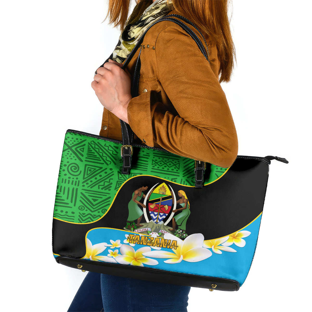 Personalised Tanzania Independence Day Leather Tote Bag Heri ya Siku ya Uhuru African Pattern - Wonder Print Shop