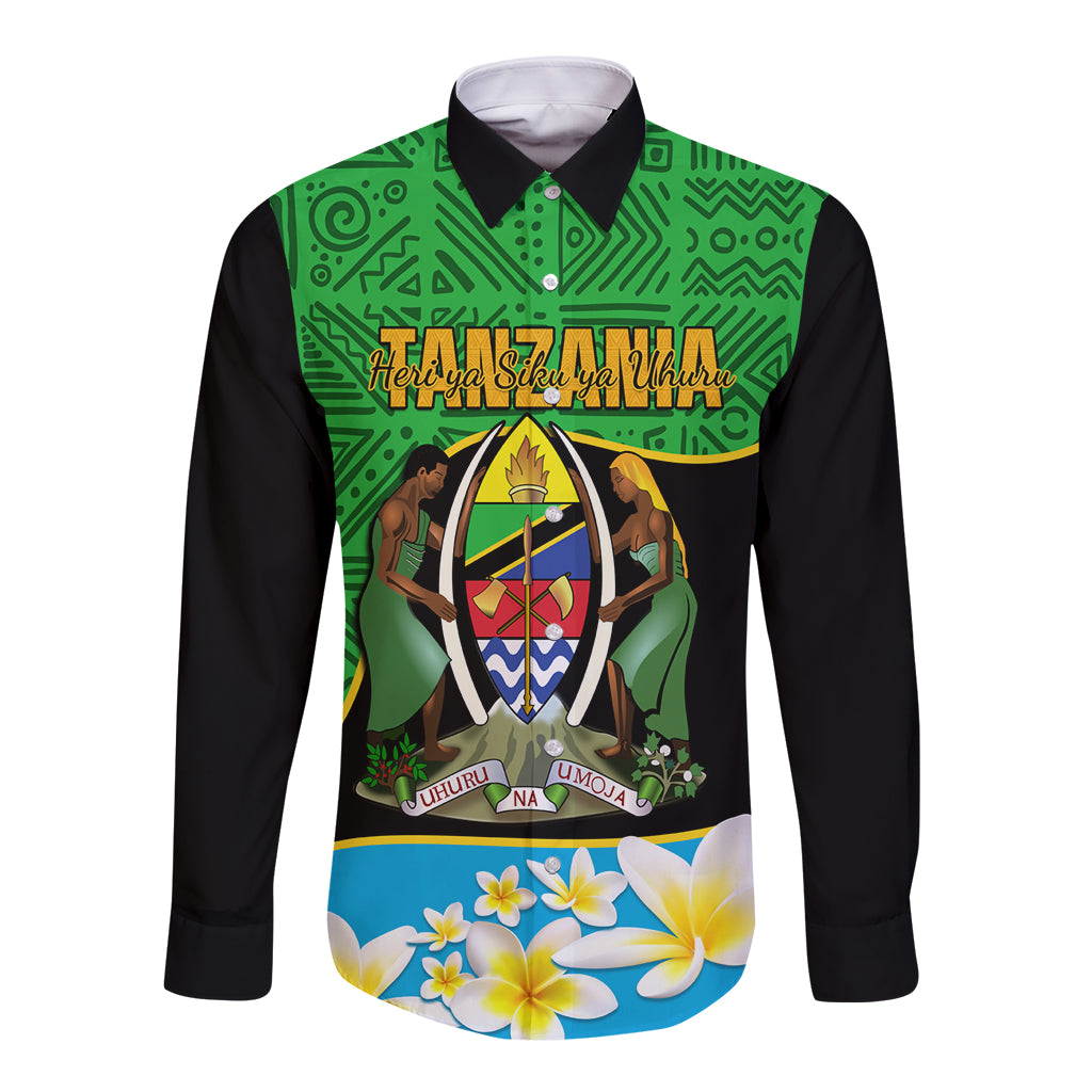 Long-sleeve button shirt, green and black African print with crest and flowers