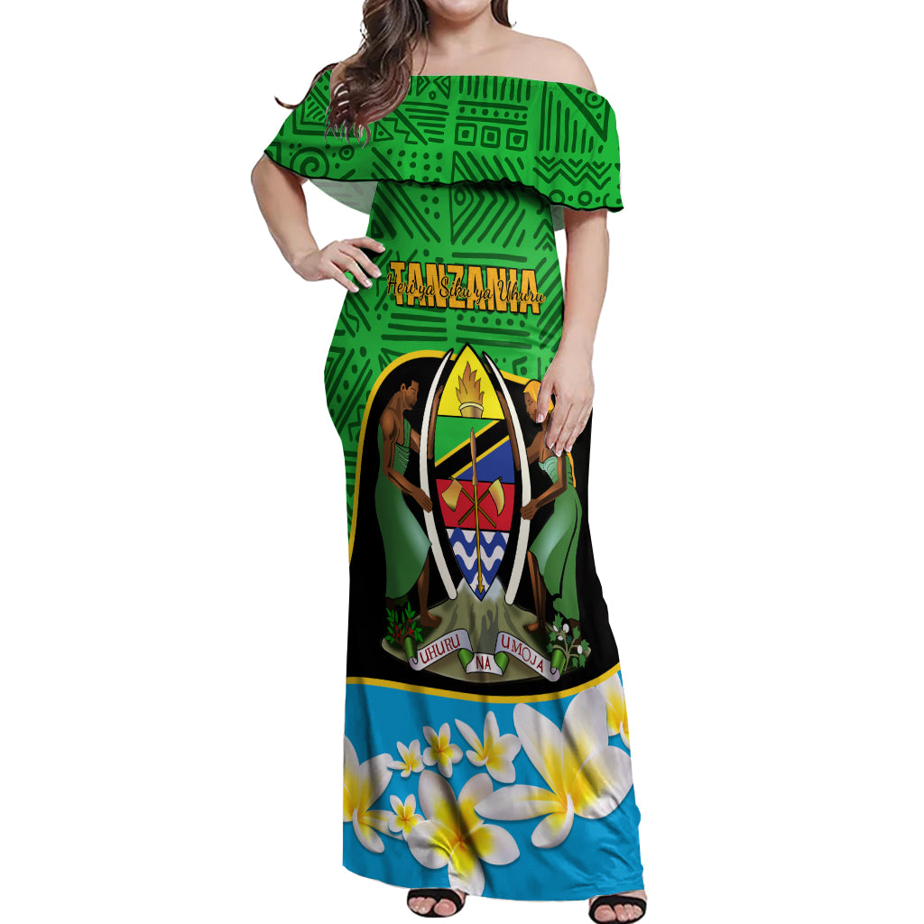 Personalised Tanzania Independence Day Off Shoulder Maxi Dress Heri ya Siku ya Uhuru African Pattern - Wonder Print Shop