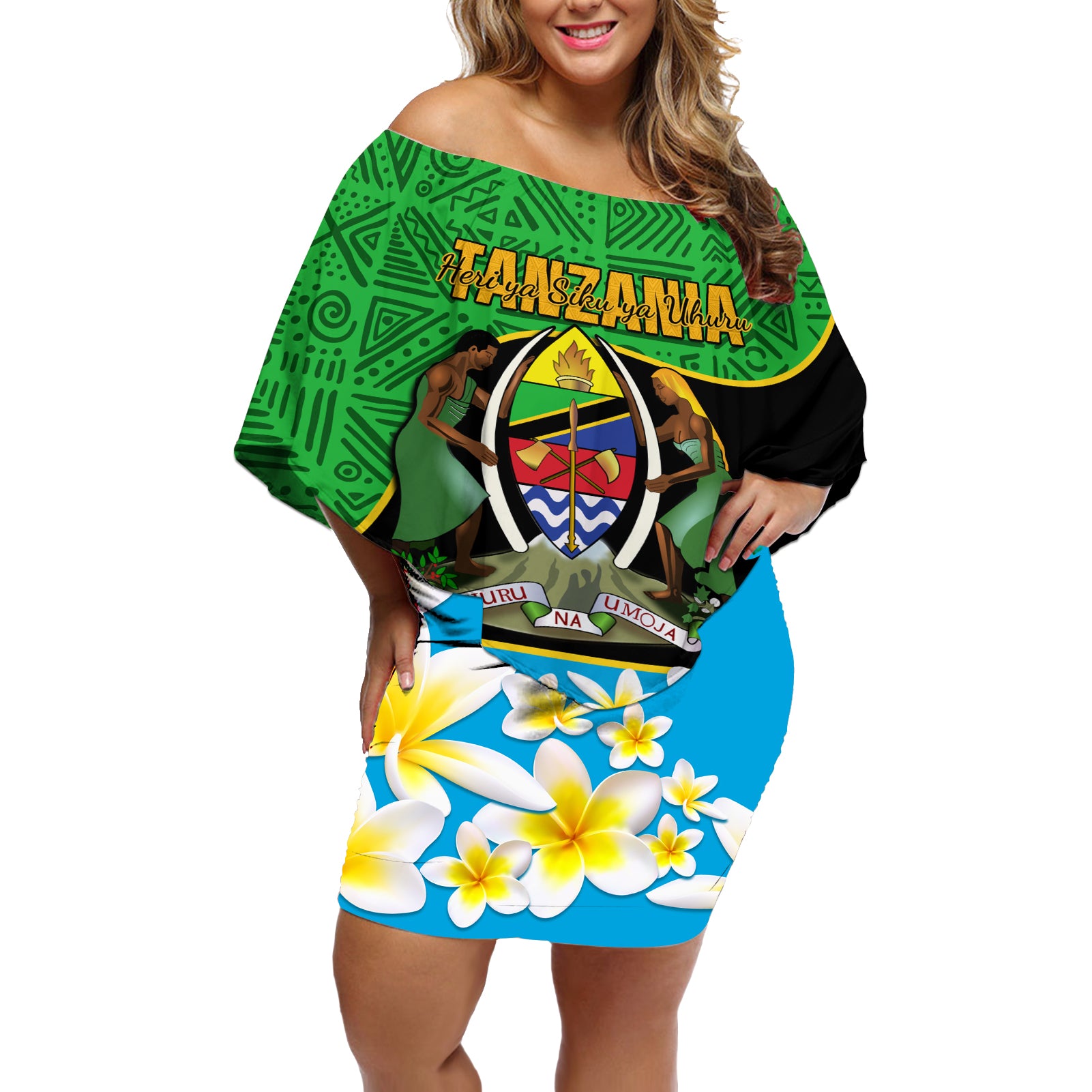 Personalised Tanzania Independence Day Off Shoulder Short Dress Heri ya Siku ya Uhuru African Pattern - Wonder Print Shop