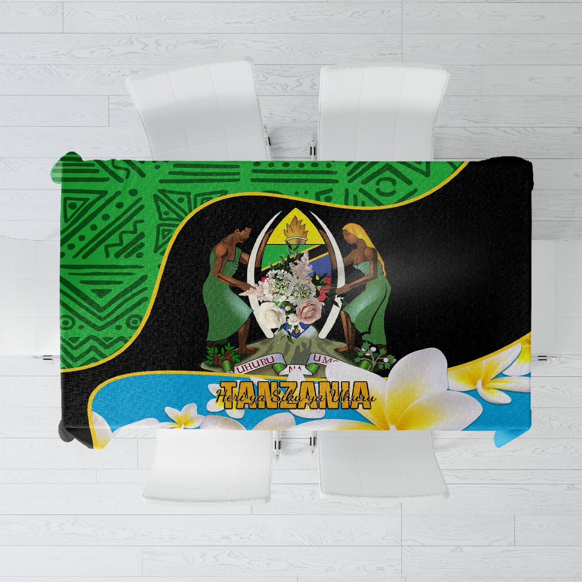 Blue and black tablecloth with yellow flowers and green African Independence pattern