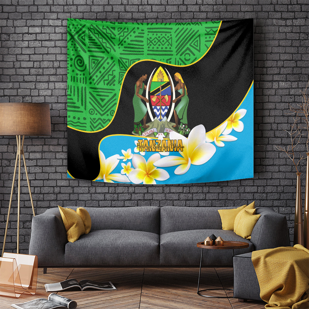 Green and blue African pattern Independence Day wall tapestry with floral design and figure