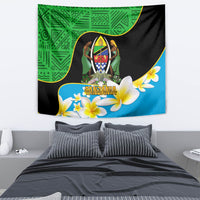 Independence Day wall tapestry featuring green geometric shapes, black drape, and flowers