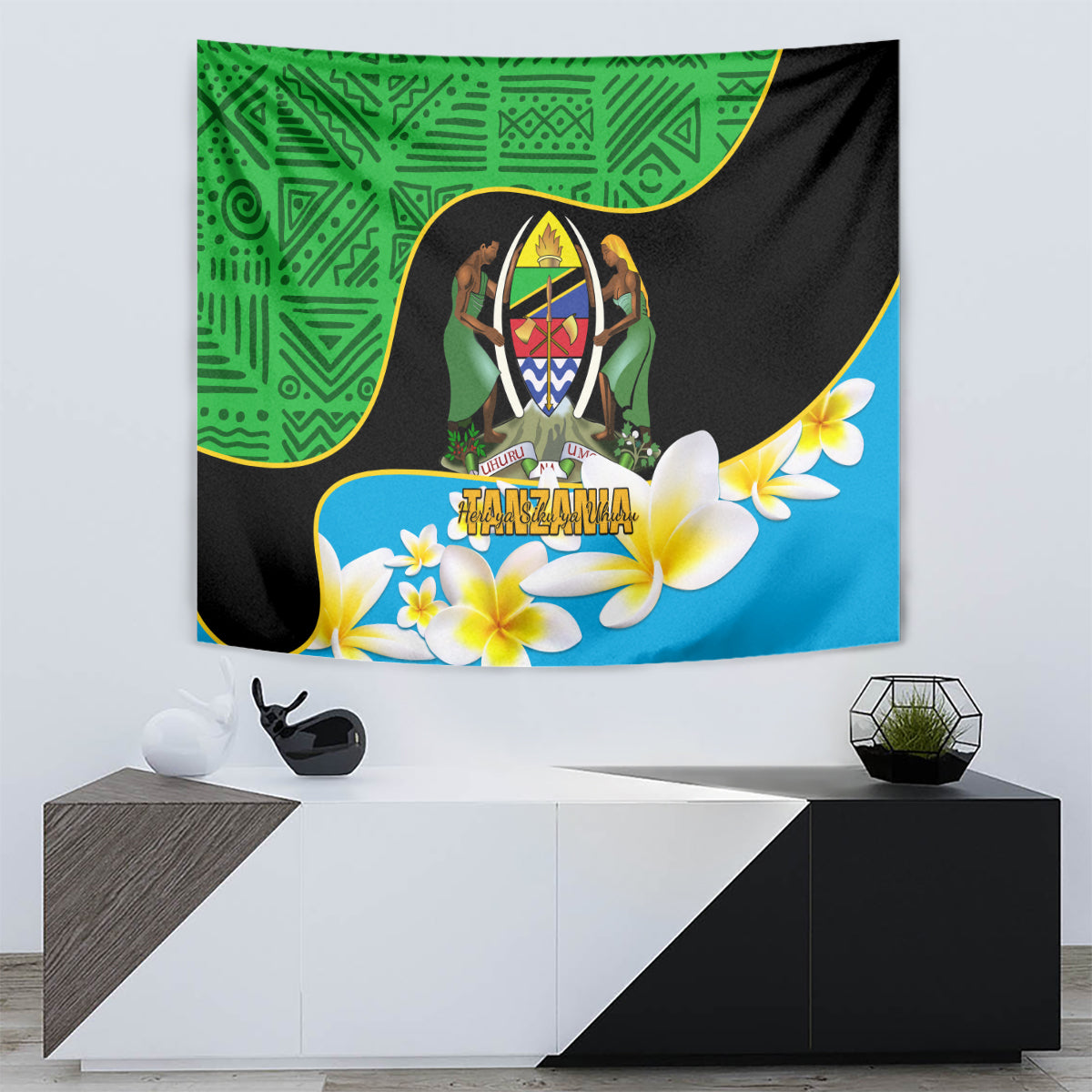 Decorative wall tapestry with green geometric top, black center drape, blue floral bottom