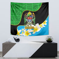 Decorative wall tapestry with green geometric top, black center drape, blue floral bottom