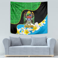 Green and blue Independence Day tapestry with central figure and white-yellow flower accents
