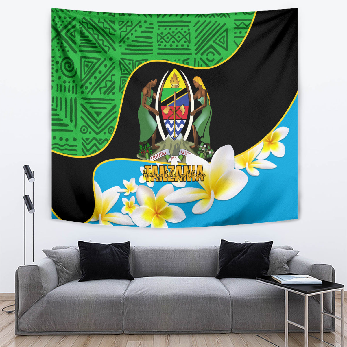 Independence Day wall tapestry, black drape with green patterns and blue floral border