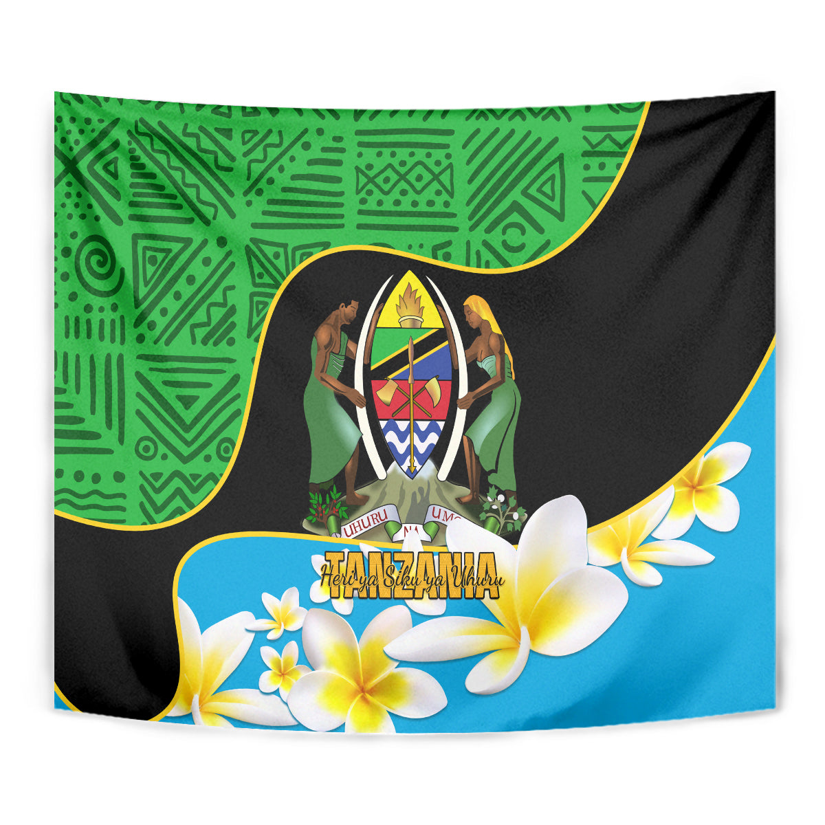 Square Independence Day tapestry close-up: green geometry, black drape, blue floral