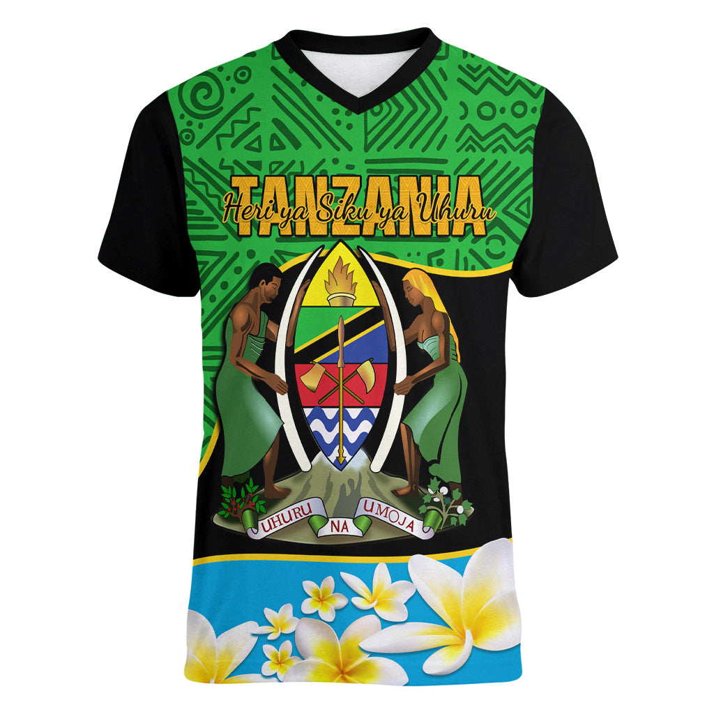 Personalised Tanzania Independence Day Women V Neck T Shirt Heri ya Siku ya Uhuru African Pattern - Wonder Print Shop