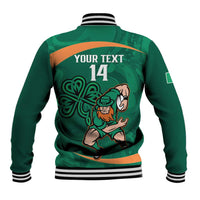 Green baseball jacket back with YOUR TEXT 14 and Irish knot graphic, striped hem