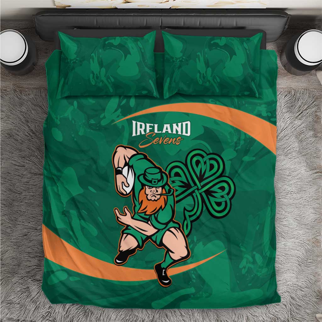 Green bedding set with Ireland Sevens rugby mascot, shamrock pattern, and orange stripe.