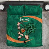 Green bedding set with Ireland Sevens rugby mascot, shamrock pattern, and orange stripe.