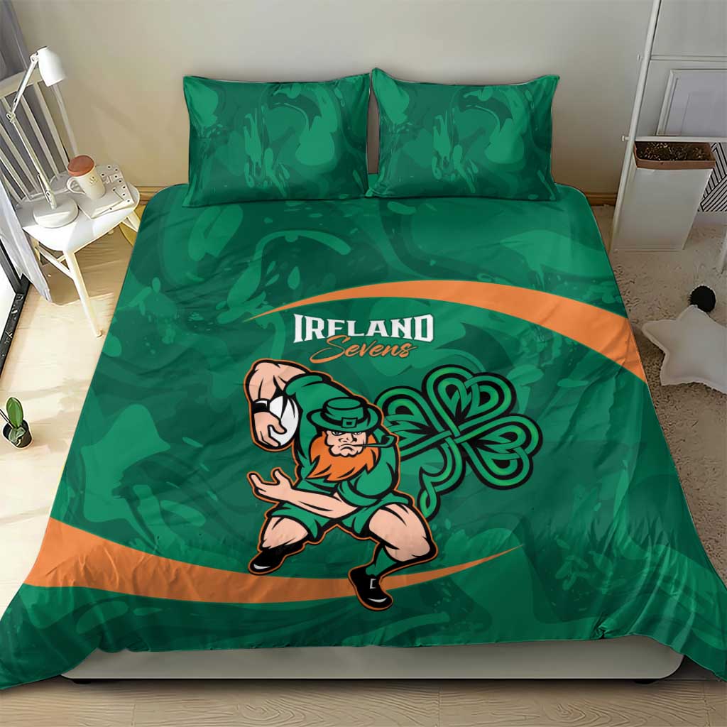 Green bedding set with Ireland Sevens text, rugby mascot holding jersey, and orange stripe.