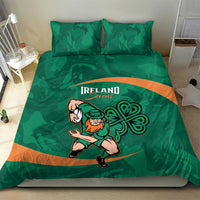 Green bedding set with Ireland Sevens text, rugby mascot holding jersey, and orange stripe.