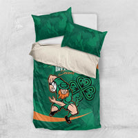 Green bedding set with Ireland Sevens rugby mascot and shamrock swirl, orange diagonal stripe.