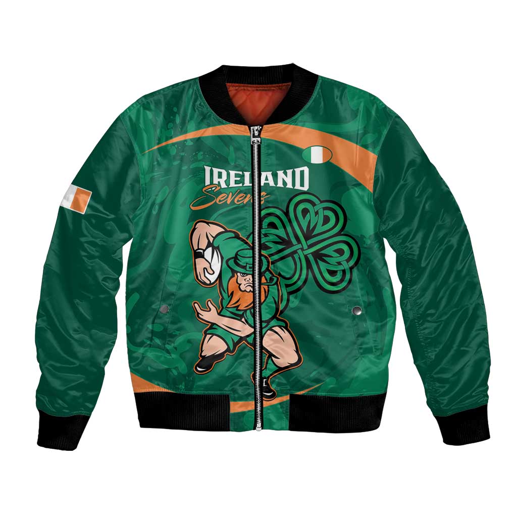 Green bomber jacket with full-zip front, ribbed cuffs, and Irish rugby graphic panel