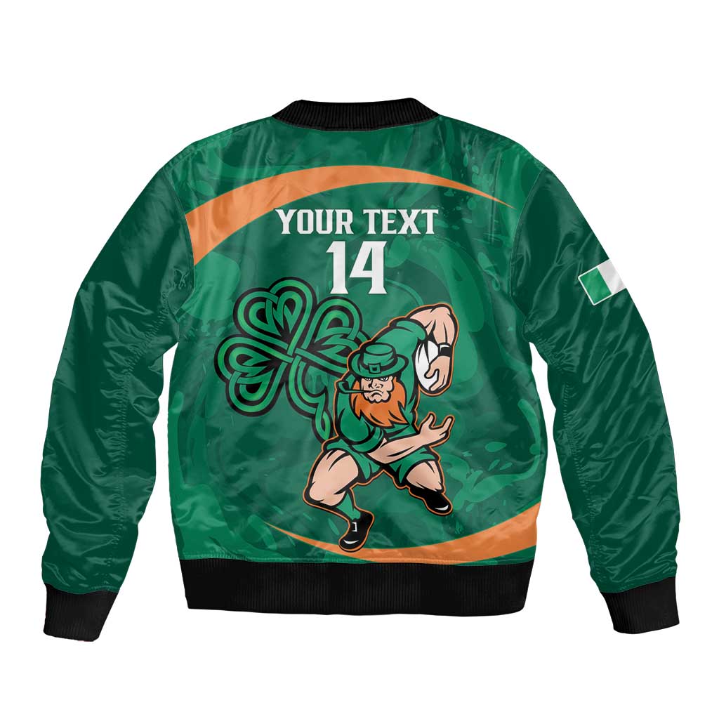 Green bomber jacket back with 'YOUR TEXT 14' print, ribbed hem, Irish rugby graphic