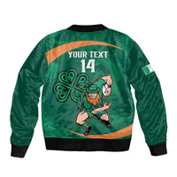 Green bomber jacket back with 'YOUR TEXT 14' print, ribbed hem, Irish rugby graphic