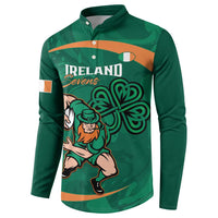 Green long-sleeve button sweatshirt, Ireland Sevens front print with shamrock knot graphic