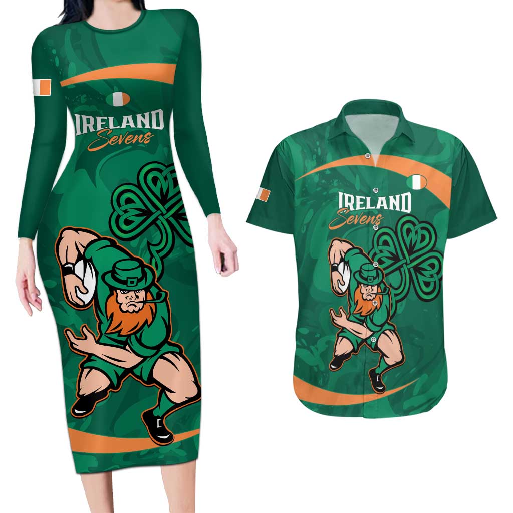 Custom Ireland Rugby Sevens Couples Matching Long Sleeve Bodycon Dress and Hawaiian Shirt Go Champions Irish Shamrock