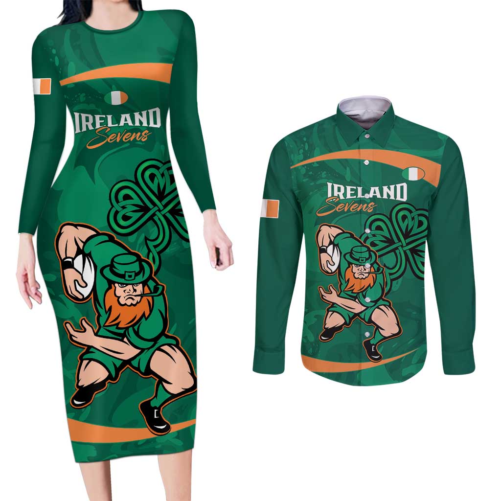 Custom Ireland Rugby Sevens Couples Matching Long Sleeve Bodycon Dress and Long Sleeve Button Shirt Go Champions Irish Shamrock