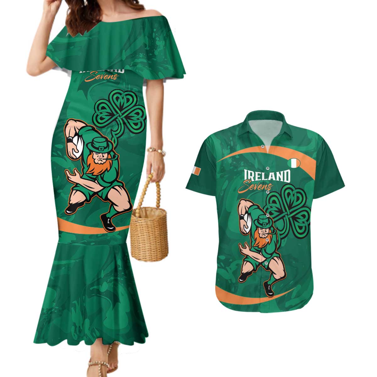 Custom Ireland Rugby Sevens Couples Matching Mermaid Dress and Hawaiian Shirt Go Champions Irish Shamrock