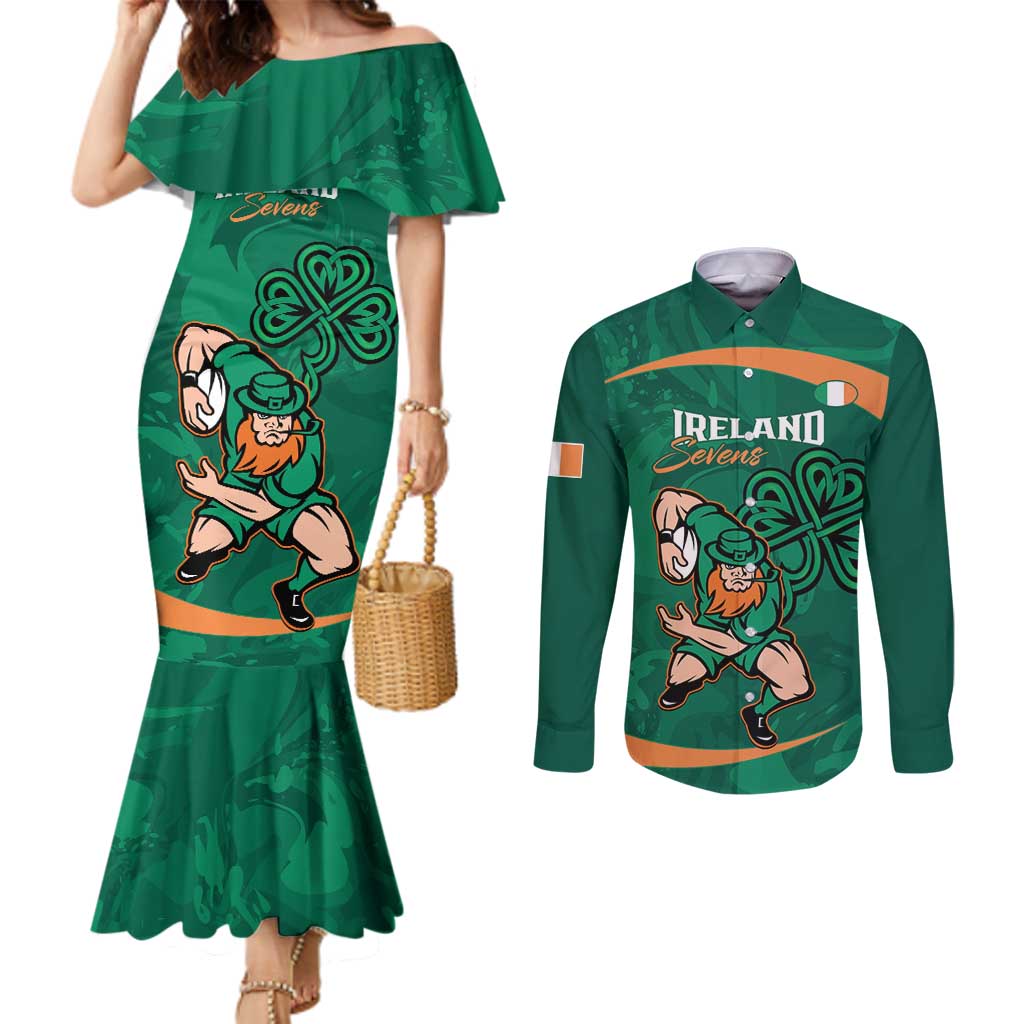 Custom Ireland Rugby Sevens Couples Matching Mermaid Dress and Long Sleeve Button Shirt Go Champions Irish Shamrock