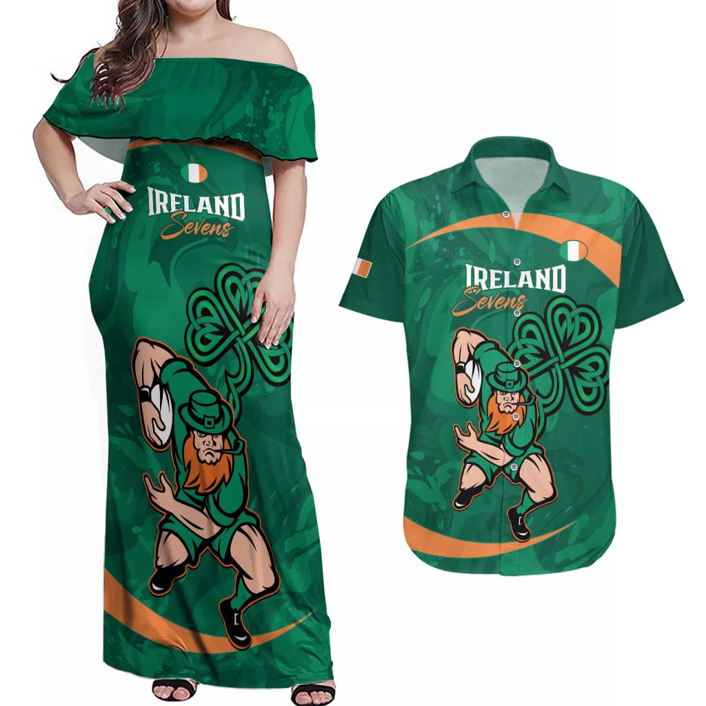 Custom Ireland Rugby Sevens Couples Matching Off Shoulder Maxi Dress and Hawaiian Shirt Go Champions Irish Shamrock - Wonder Print Shop