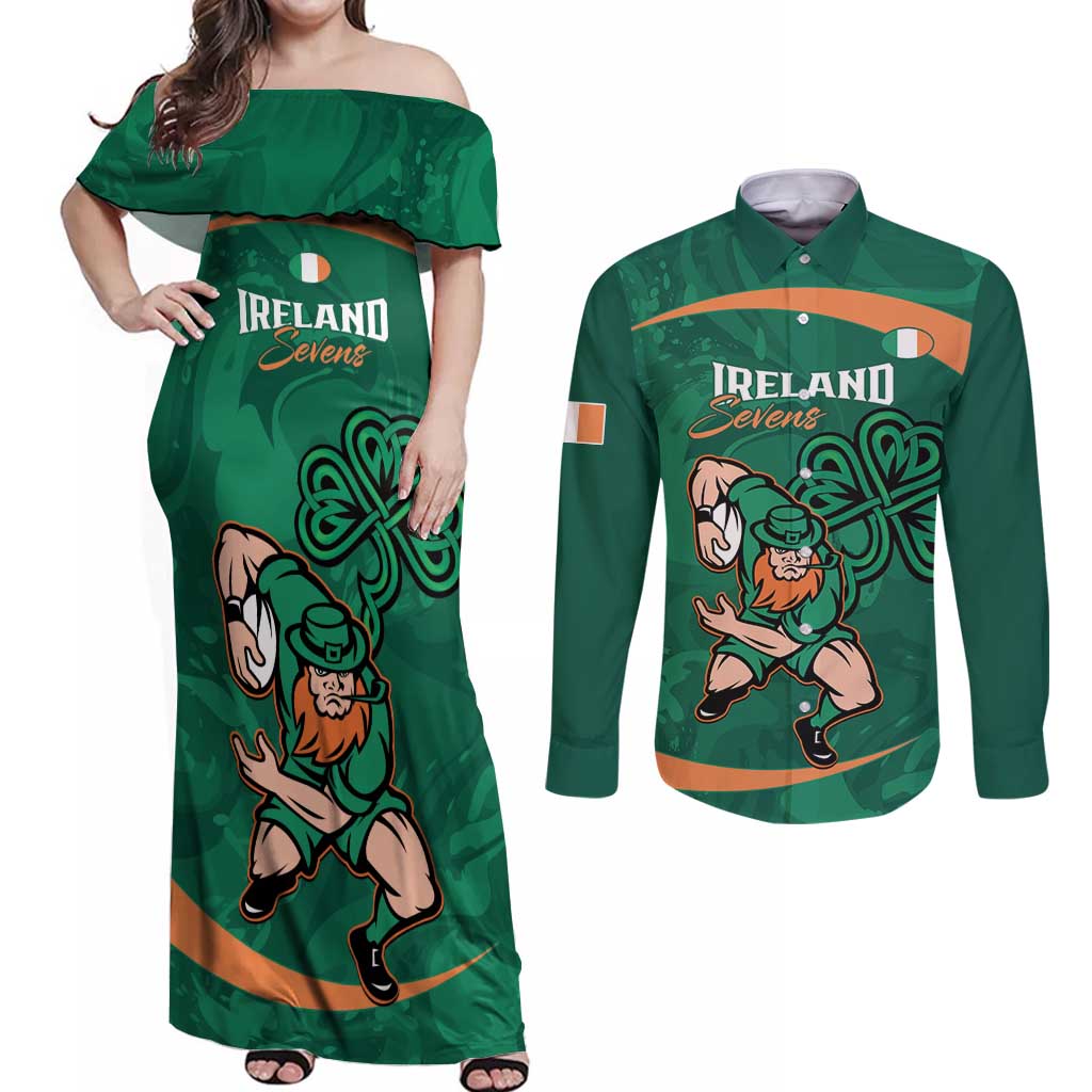 Custom Ireland Rugby Sevens Couples Matching Off Shoulder Maxi Dress and Long Sleeve Button Shirt Go Champions Irish Shamrock