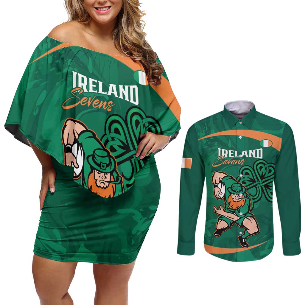 Custom Ireland Rugby Sevens Couples Matching Off Shoulder Short Dress and Long Sleeve Button Shirt Go Champions Irish Shamrock