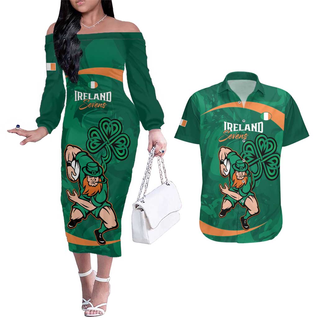 Custom Ireland Rugby Sevens Couples Matching Off The Shoulder Long Sleeve Dress and Hawaiian Shirt Go Champions Irish Shamrock - Wonder Print Shop