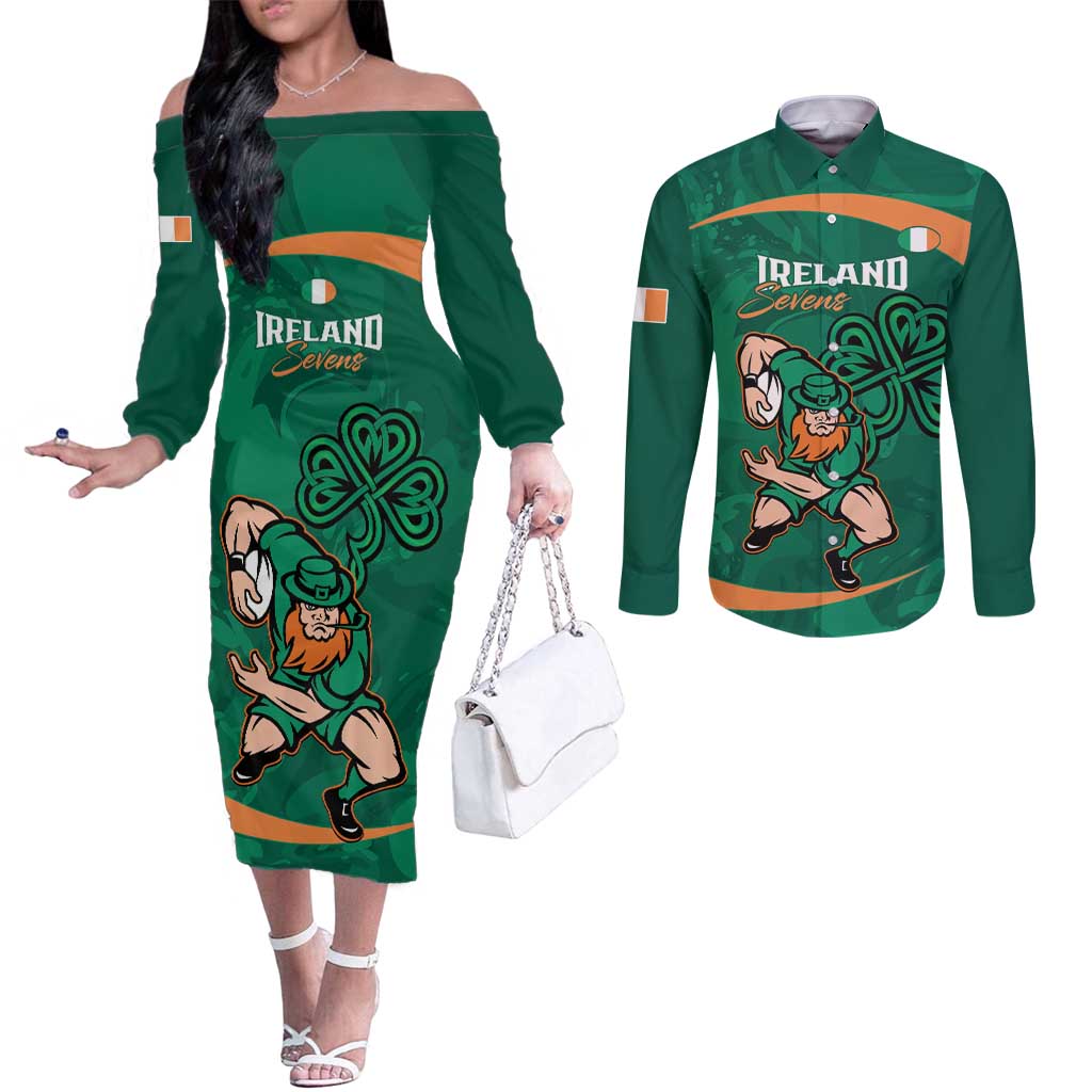 Custom Ireland Rugby Sevens Couples Matching Off The Shoulder Long Sleeve Dress and Long Sleeve Button Shirt Go Champions Irish Shamrock