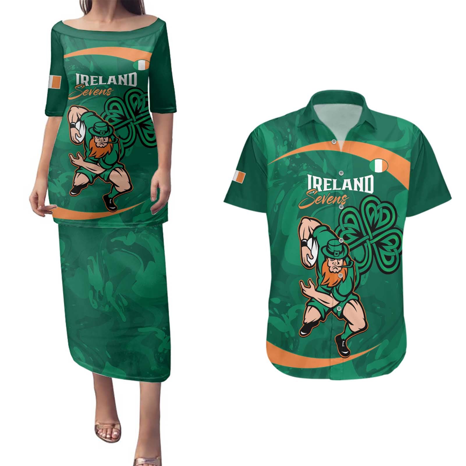 Custom Ireland Rugby Sevens Couples Matching Puletasi and Hawaiian Shirt Go Champions Irish Shamrock