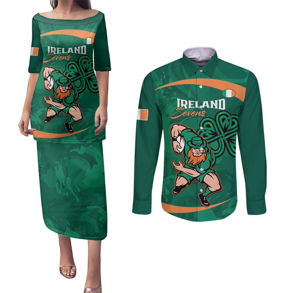 Custom Ireland Rugby Sevens Couples Matching Puletasi and Long Sleeve Button Shirt Go Champions Irish Shamrock