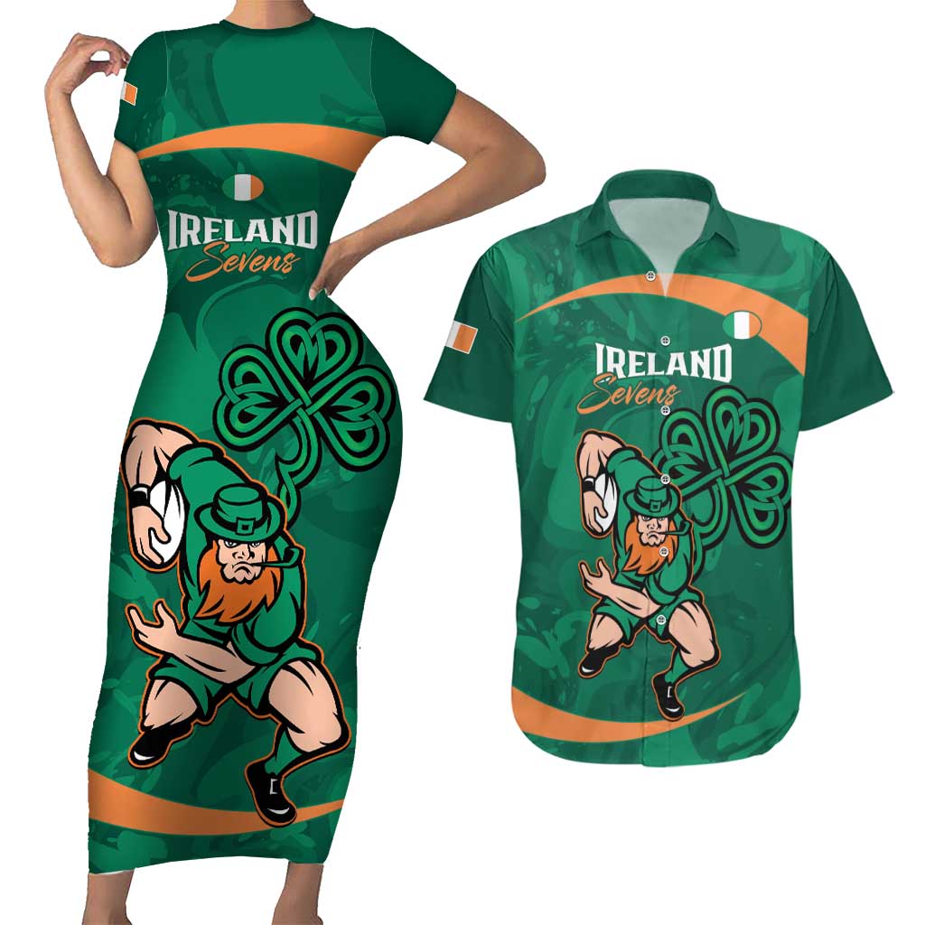 Custom Ireland Rugby Sevens Couples Matching Short Sleeve Bodycon Dress and Hawaiian Shirt Go Champions Irish Shamrock