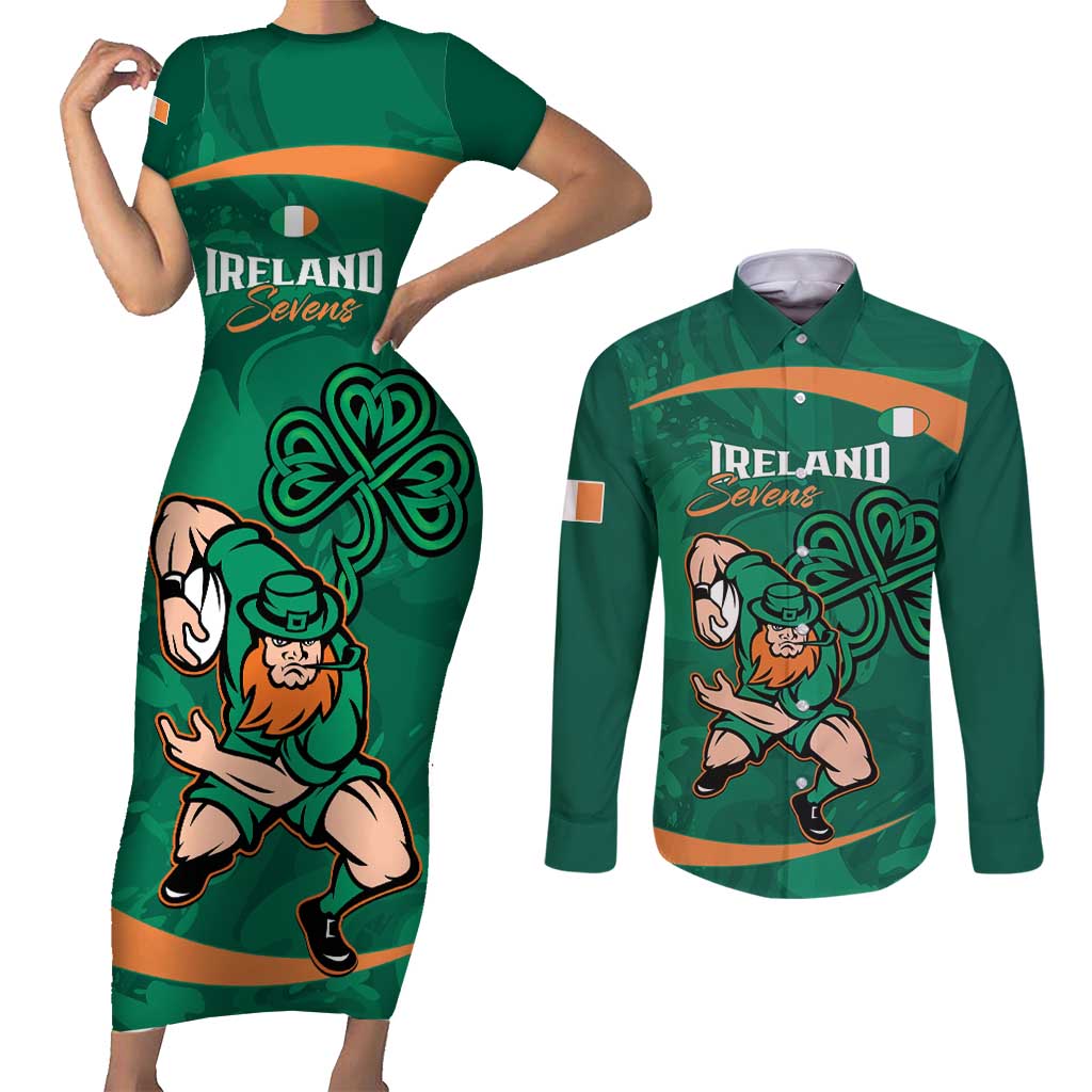 Custom Ireland Rugby Sevens Couples Matching Short Sleeve Bodycon Dress and Long Sleeve Button Shirt Go Champions Irish Shamrock