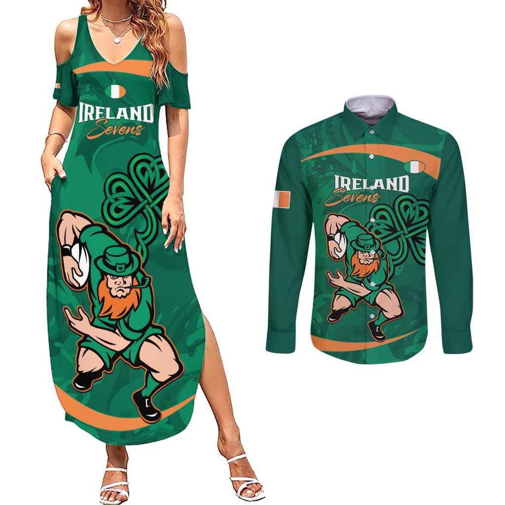 Custom Ireland Rugby Sevens Couples Matching Summer Maxi Dress and Long Sleeve Button Shirt Go Champions Irish Shamrock