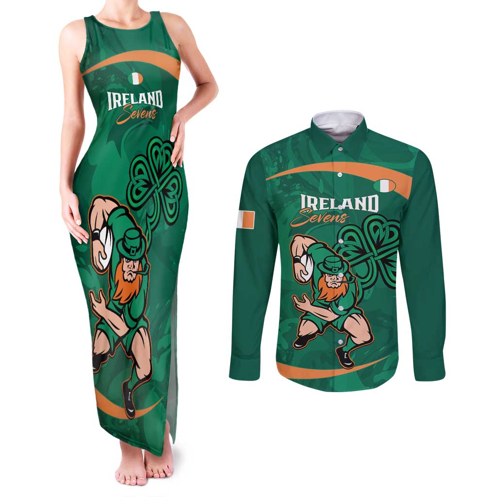 Custom Ireland Rugby Sevens Couples Matching Tank Maxi Dress and Long Sleeve Button Shirt Go Champions Irish Shamrock